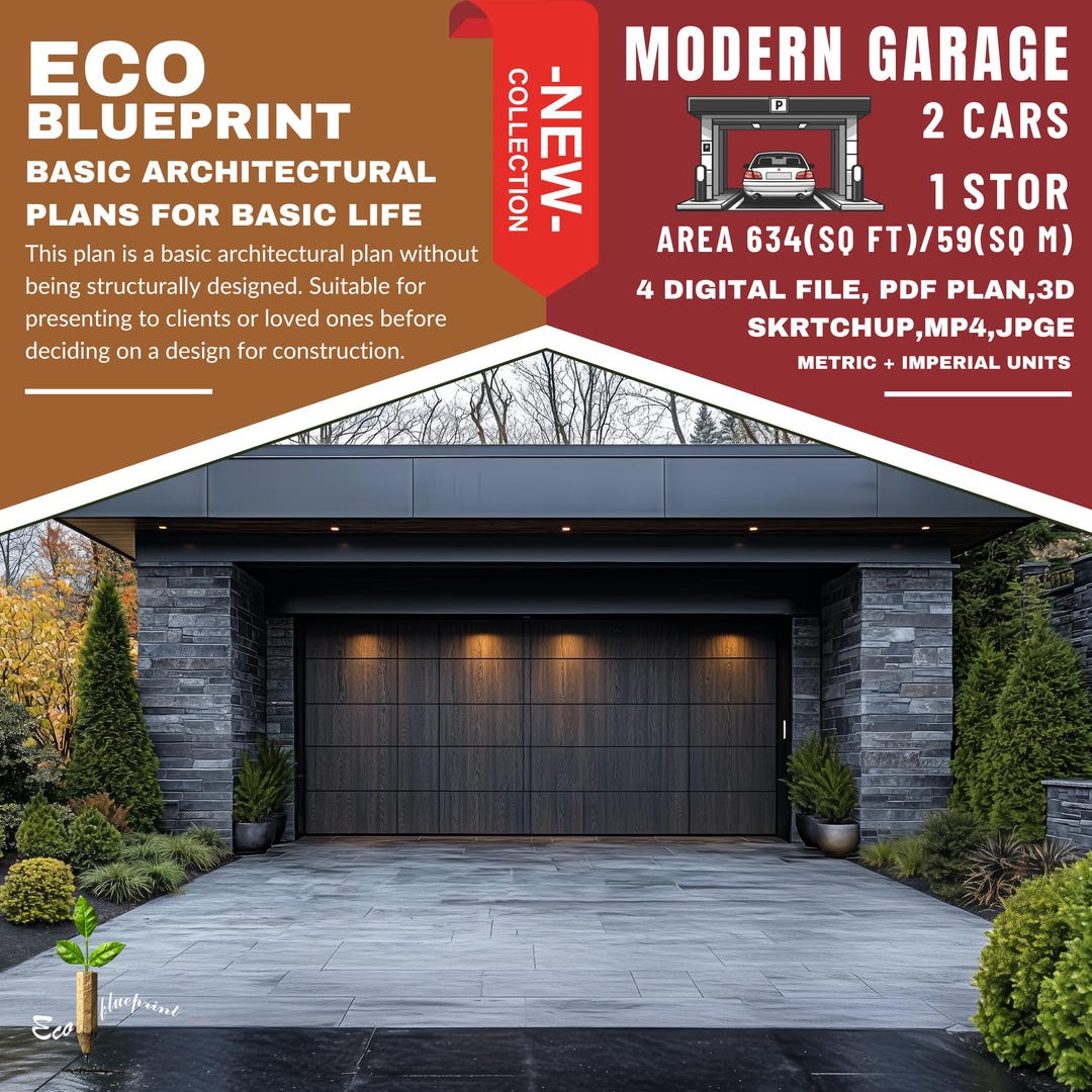 PG2. Modern Garage Ready PDF ,3D Skrtchup,mp4,jpg Basic Blue Print Architecture for 2 Cars With 1 Stor - Etsy Japan
