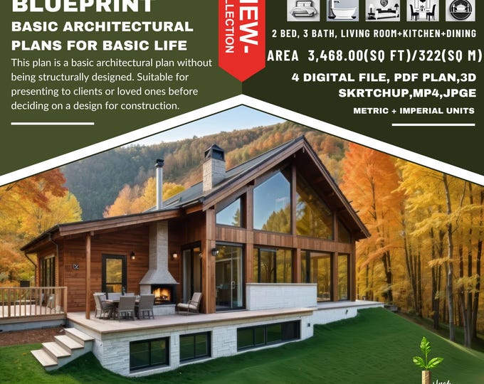 P213. Ready!!(*PDF PLAN,3D skrtchup,MP4,JPG*)  architectural plans for 2-Story Hous Hous,2 bedrooms,3 bath,1 kitchen,living,basements,attics