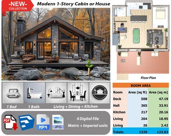 P177.Ready!!(*PDF PLAN,3D skrtchup,MP4,JPG*) Basic architectural plans for 1-Story modern house,1 bedrooms,1 bath,living+kitchen+dining