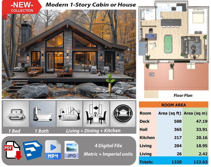 P177.Ready!!(*PDF PLAN,3D skrtchup,MP4,JPG*) Basic architectural plans for 1-Story modern house,1 bedrooms,1 bath,living+kitchen+dining