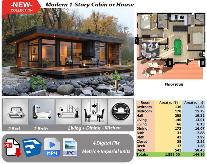 P135. Ready!!(*PDF PLAN,3D skrtchup,MP4,JPG*) Basic architectural plans for 1-Story modern house,2 bedrooms,2 bath,living+kitchen+dining