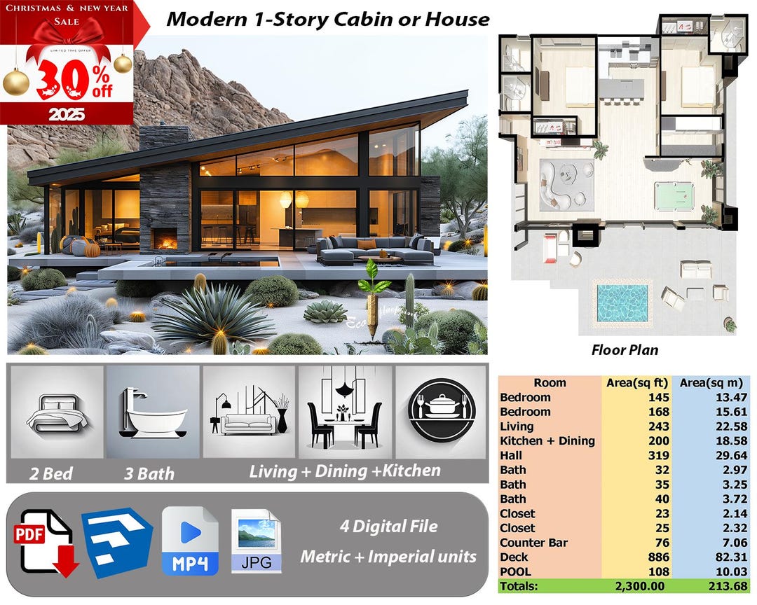 P45.readypdf PLAN,3D Skrtchup,mp4,jpg Basic Architectural Plans for 1-story Modern House,2 Bedrooms,3 Bath,livingkitchendining - Etsy Canada