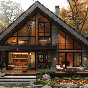 Inspiration för A-ramshusdesign: Endast digital nedladdning, framifrånbild och frontanimation. (Planritningar ingår ej.)