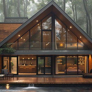 May include: A modern, wood-sided cabin with a large triangular window and a deck overlooking a small pond. The cabin has a glass railing and a wooden floor.