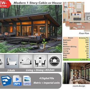 Modern 1-Story House Plan: 1 Bed, 2 Bath (PDF Plan no.221)