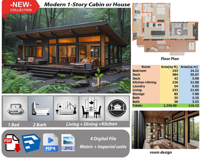 P221. Ready!!(*PDF PLAN,3D skrtchup,MP4,JPG*) Basic architectural plans for 1-Story modern house,1 bedrooms,2 bath,living+kitchen+dining
