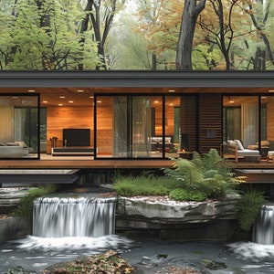 May include: A modern, single-story house with large windows and a wooden exterior. The house is surrounded by lush greenery and a small waterfall.