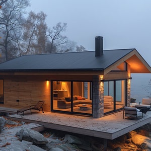 Könnte beinhalten: Eine moderne Holzhütte mit großen Fenstern, die auf ein Gewässer blicken. Die Hütte hat eine Terrasse mit einem Glasgeländer und ist nachts beleuchtet. Die Hütte ist von Bäumen und Felsen umgeben.