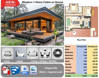 Modern 2-Bedroom House Plan: 1-Story Cabin Design (PDF, MP4, JPG, SKP)