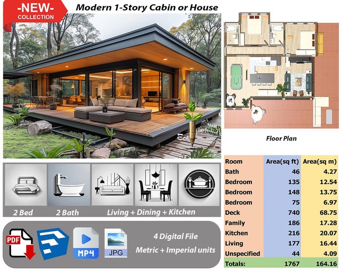 P133.Ready!!(*PDF PLAN,3D skrtchup,MP4,JPG*) Basic architectural plans for 1-Story modern house,2 bedrooms,2 bath,living+kitchen+dining