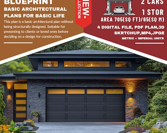 PG3. Modern garage  Ready!! (*PDF ,3D skrtchup,MP4,JPG*) Basic blue print architecture for 2 cars with 1 stor