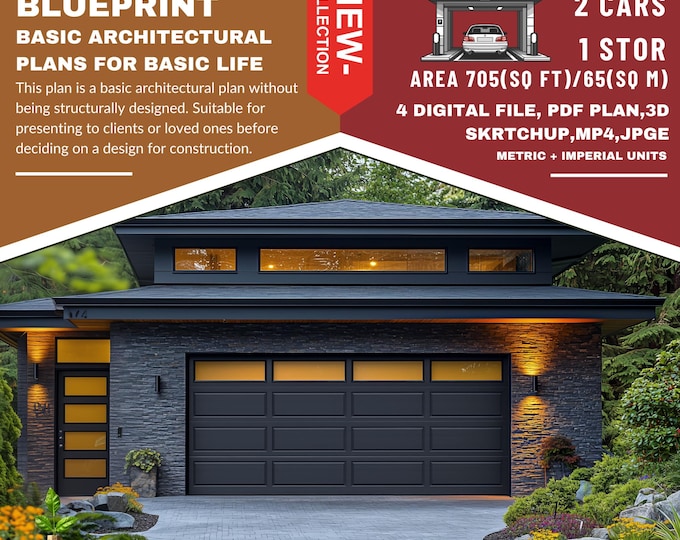 PG3. Modern garage  Ready!! (*PDF ,3D skrtchup,MP4,JPG*) Basic blue print architecture for 2 cars with 1 stor
