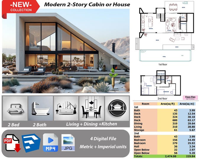 P49.Ready!!(*PDF PLAN,3D skrtchup,MP4,JPG*)Basic architectural plans for 2-Story modern  house,2 bedrooms,2 bath, kitchen+living+kitchen