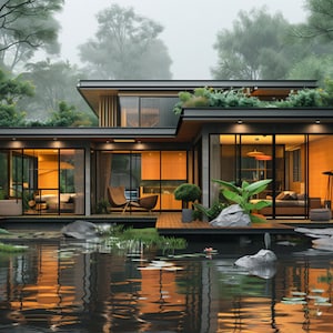 May include: Modern home with large glass windows and a flat roof, surrounded by lush greenery and a reflective pond. The house features warm interior lighting, creating a welcoming atmosphere. The design incorporates natural elements.