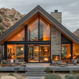 May include: A modern, wood-sided cabin with large windows and a deck. The cabin is nestled in a rocky desert landscape.