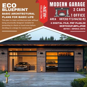 Puede incluir: Un garaje moderno con dos plazas de aparcamiento y una oficina. El garaje tiene un exterior de madera con dos grandes puertas de garaje. Las puertas están abiertas y hay dos coches en el interior. El texto de la imagen dice "Garage moderno", "2 coches", "1 oficina", "Superficie 697 (pies cuadrados)/64 (metros cuadrados)", "4 archivos digitales, plano PDF, 3D Skrtchup, MP4, JPGE", "Métrico + unidades imperiales".