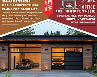 PG5. Modern garage  Ready!! (*PDF ,3D skrtchup,MP4,JPG*) Basic blue print architecture for 2 cars with 1 stor