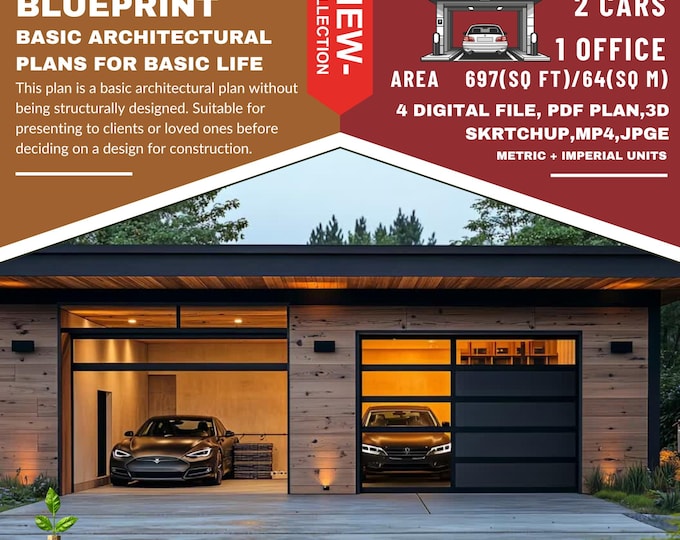 PG5. Modern garage  Ready!! (*PDF ,3D skrtchup,MP4,JPG*) Basic blue print architecture for 2 cars with 1 stor