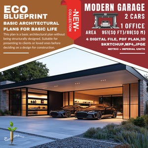 Könnte beinhalten: Eine moderne Garage mit zwei darin geparkten Autos. Die Garage hat ein schwarzes Dach und Holzwände. Der Text "MODERN GARAGE" ist in roten Buchstaben auf weißem Hintergrund dargestellt. Der Text "2 CARS" ist in schwarzen Buchstaben auf rotem Hintergrund dargestellt. Der Text "1 OFFICE" ist in schwarzen Buchstaben auf rotem Hintergrund dargestellt. Der Text "AREA 951(SQ FT)/88(SQ M)" ist in schwarzen Buchstaben auf weißem Hintergrund dargestellt. Der Text "4 DIGITAL FILE, PDF PLAN, 3D SKRTCHUP, MP4, JPGE" ist in schwarzen Buchstaben auf weißem Hintergrund dargestellt. Der Text "METRIC + IMPERIAL UNITS" ist in schwarzen Buchstaben auf weißem Hintergrund dargestellt.
