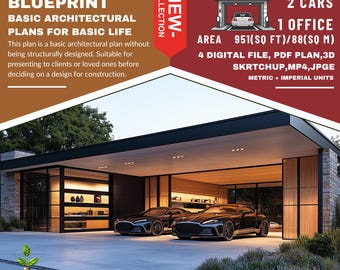 PG4. Modern garage+office  Ready!! (*PDF ,3D skrtchup,MP4,JPG*) Basic blue print architecture for 2 cars with 1 office