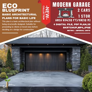 Può includere: Un design di garage moderno con un portone in legno scuro, muri in pietra e un vialetto pavimentato. Il testo sull'immagine recita "Garage moderno, 2 auto, 1 piano, Area 634 (piedi quadrati)/59 (metri quadrati), 4 file digitali, piano PDF, 3D Skrtchup, MP4, JPGE, Metrico + unità imperiali".
