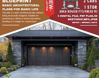 PG2. Modern garage  Ready!! (*PDF ,3D skrtchup,MP4,JPG*) Basic blue print architecture for 2 cars with 1 stor