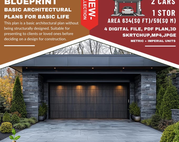 PG2. Modern garage  Ready!! (*PDF ,3D skrtchup,MP4,JPG*) Basic blue print architecture for 2 cars with 1 stor