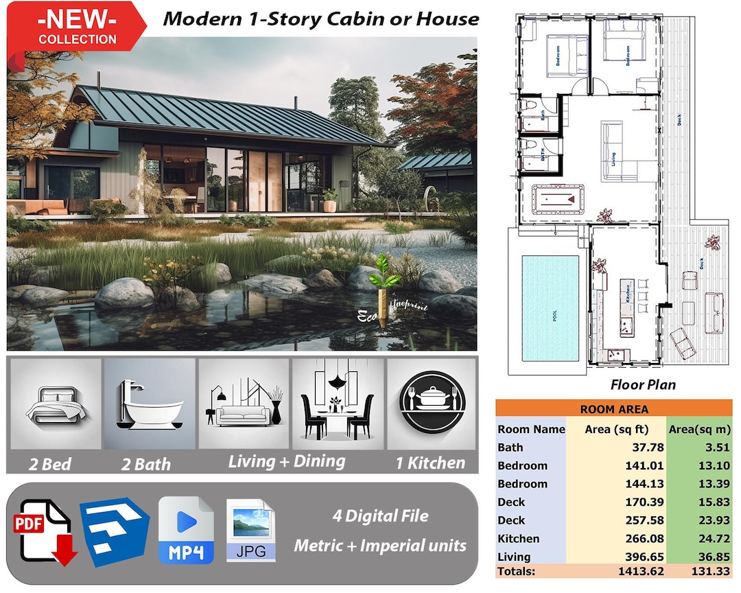Modern Cabin House Plan, 2 Bed 2 Bath, 58x23 Ft (PDF Plan No.191) - Etsy