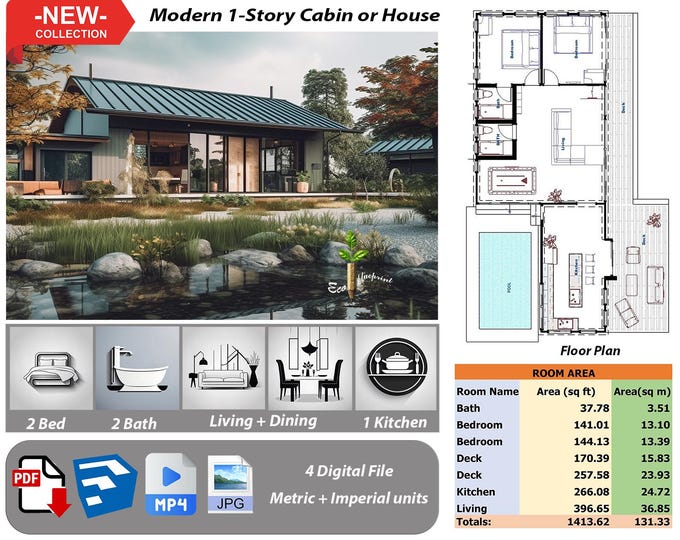 P191. Ready!!(*PDF PLAN,3D skrtchup,MP4,JPG*)Basic architectural plans for 1-Story Hous Hous,2 bedrooms,2 bath,1 kitchen,living.