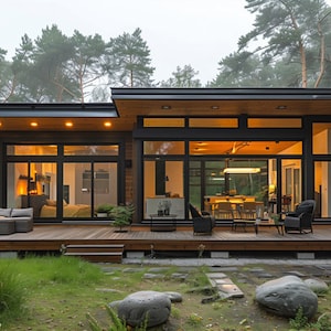 May include: A modern, single-story house with large windows and a wooden deck. The house is surrounded by trees and has a gray roof.