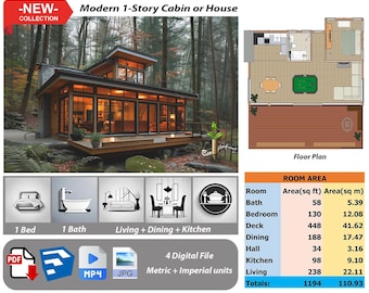 May include: A digital floor plan of a modern 1-story cabin or house with a deck. The plan shows a bedroom, bathroom, living room, dining room, kitchen, and hall. The total area is 1,194 square feet or 110.93 square meters.