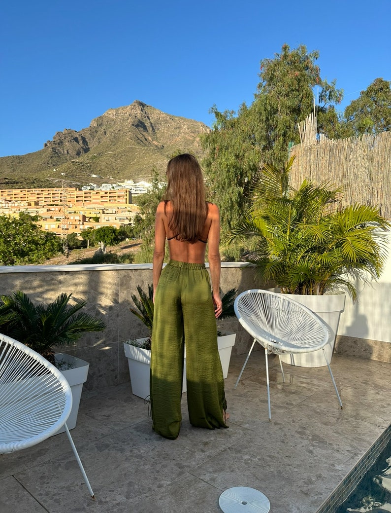 Long Satin Pants Green Satin Pants High-waisted Satin Pants Satin Wide ...