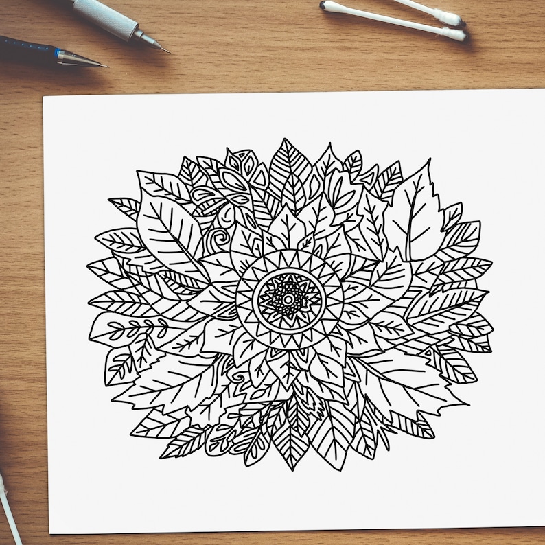 Fall Leaves Mandala Coloring Pages for Adults Hand Draw Autumn Leaf ...