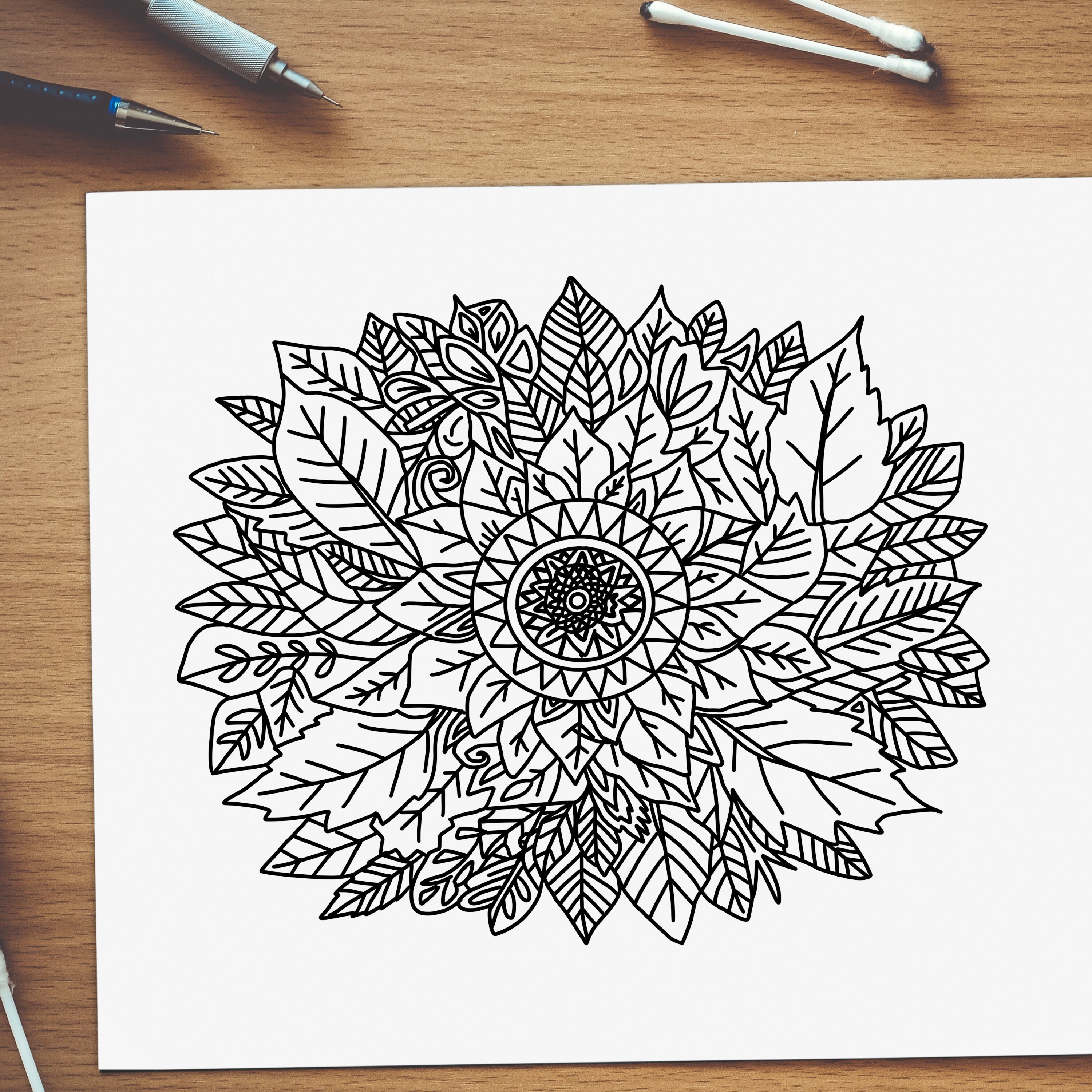 Fall Leaves Mandala Coloring Pages for Adults Hand Draw Autumn Leaf