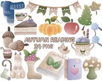 Autumn Reading clipart 24 PNG,Fall Autumn Reading, Lovely Autumn, Watercolor Clipart, Autumn Clipart, Cozy Reading, Autumn books Clipart.