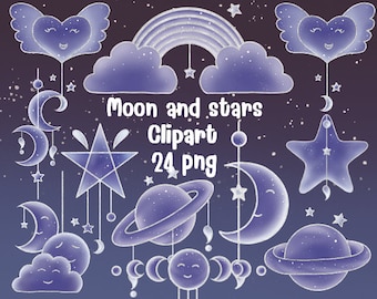 May include: A digital illustration featuring celestial elements. The design includes moons, stars, clouds, a rainbow, and planets in shades of blue and white. The text "Moon and stars Clipart 24 png" is also included.