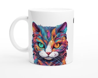 Neon Trickster Katzenbecher - Lebendige Keramik Kaffee Teetasse - Buntes Katzen Design - 11 Unzen Mikrowellensichere weiß Weiße 11 Unzen Keramiktasse