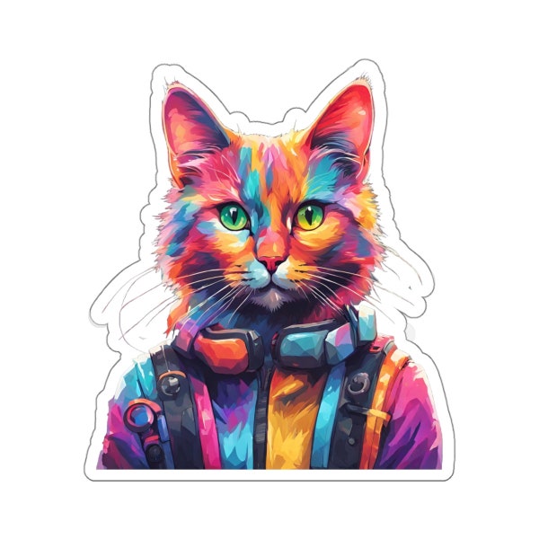 Serious Neon Cat Kiss-Cut Sticker: Sophisticated Feline Decal for Laptop, Water Bottle, Notebook