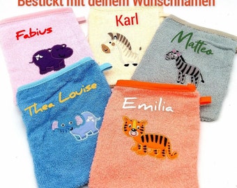 Bestickter Baby Kinder Waschhandschuh Waschlappen bestickt personalisiert mit Namen Wunschname Baumwolle Ökotex 100 zertifiziert