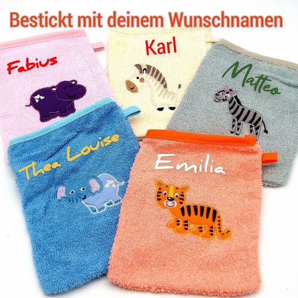 Bestickter Baby Kinder Waschhandschuh Waschlappen bestickt personalisiert mit Namen Wunschname Baumwolle Ökotex 100 zertifiziert