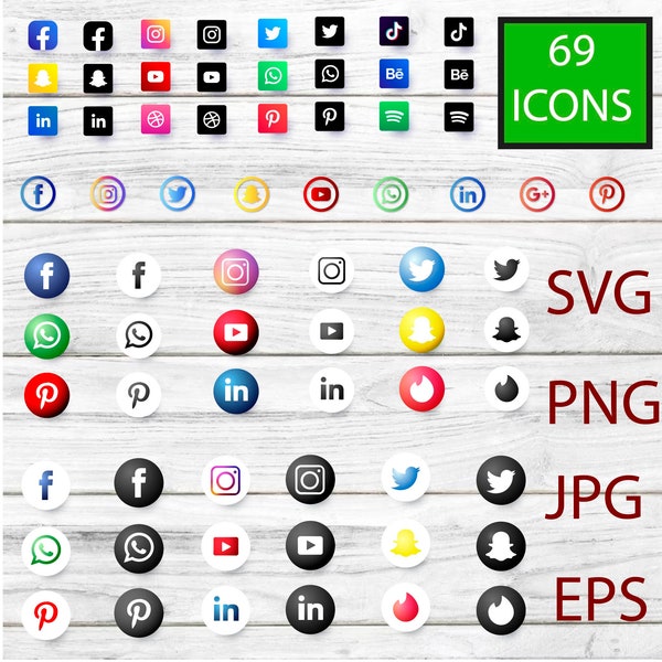 Social Media Icons SVG Bundle | 60+ Icon Logos | Facebook | Instagram | Pinterest | YouTube | Snapchat