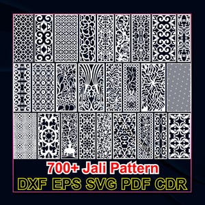 May include: A collection of 700+ Jali patterns in white, ideal for laser cutting and creating decorative screens, dividers, or wall art. The patterns are available in DXF, EPS, SVG, PDF, and CDR file formats.