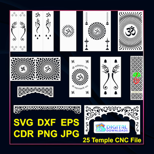 Fichier CNC 25 temples, tenture murale, cloisons, écran, pochoir, laser, CNC, plasma, fichier vinyle Cricut Cdr, Svg, Eps, Dxf, JPG