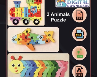 3 pcs Laser Cut Kids Puzzle, Jigsaw Puzzle Svg, Laser Cut Puzzle Set, Kids Toys, Animal Puzzle Svg, Laser Cut Baby, Glowforge Files, EPS