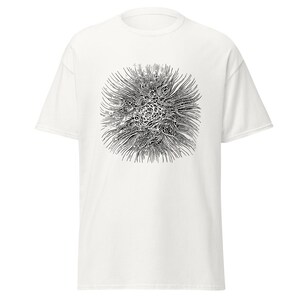May include: White t-shirt with a black and white graphic print of a detailed, abstract design resembling a flower or a starburst.