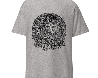 Peut inclure: T-shirt gris clair avec un motif abstrait noir de cercles et de lignes interconnectés, créant une forme sphérique. Le t-shirt à manches courtes est en matière douce.
