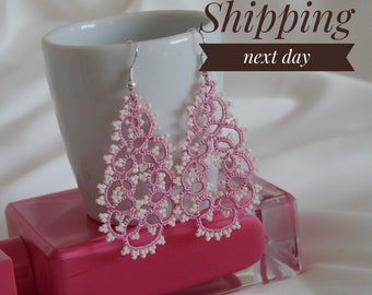 Pink chandelier Lace Earrings /Bridesmaid Gift Prom/ Long Bridal Jewelry/ Party Christmas Pageant/ Statement Earrings /Gift For Her Trendy