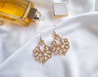 Gold chandelier Extra Ligth  Earrings, Big Filigre Lace Earrings,Tatting Style Jewelry, Handmade Luxury Jewelry for Woman ,Charming Gift