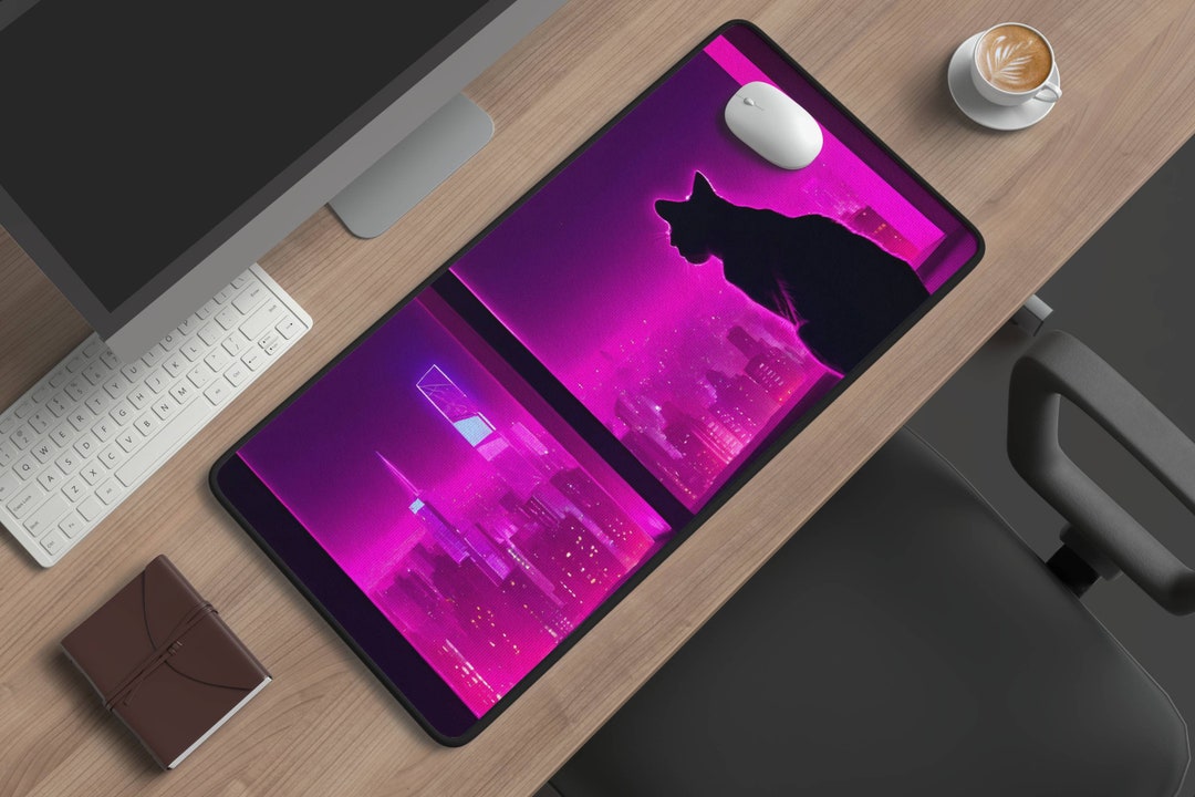 CYBER NEON CAT Desk Mat for a Beautiful Workplace Work From Etsy