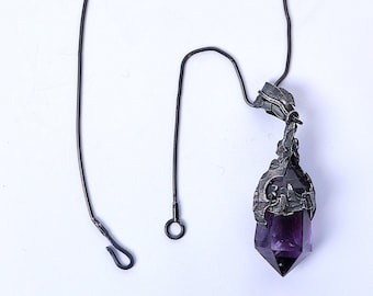 Handmade Gothic Amethyst Pendant in Oxidised Reclaimed Silver